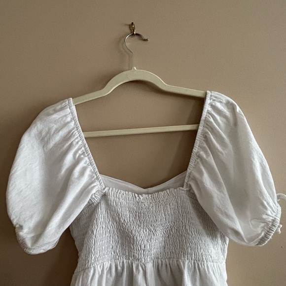 NWT Sim & Sam M Linen Blend Empire Waist Smocked Puff Sleeve Crop Blouse White - Picture 5 of 11